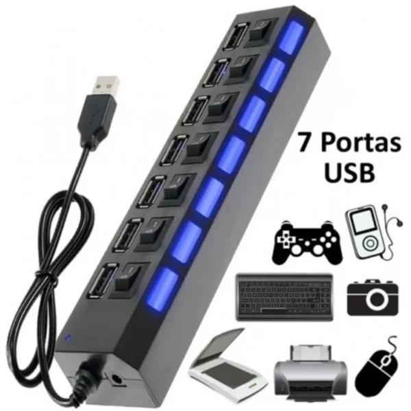 Hub USB com 4/7 Entradas USB 2.0 de Alta Velocidade com Botão Liga e Desliga